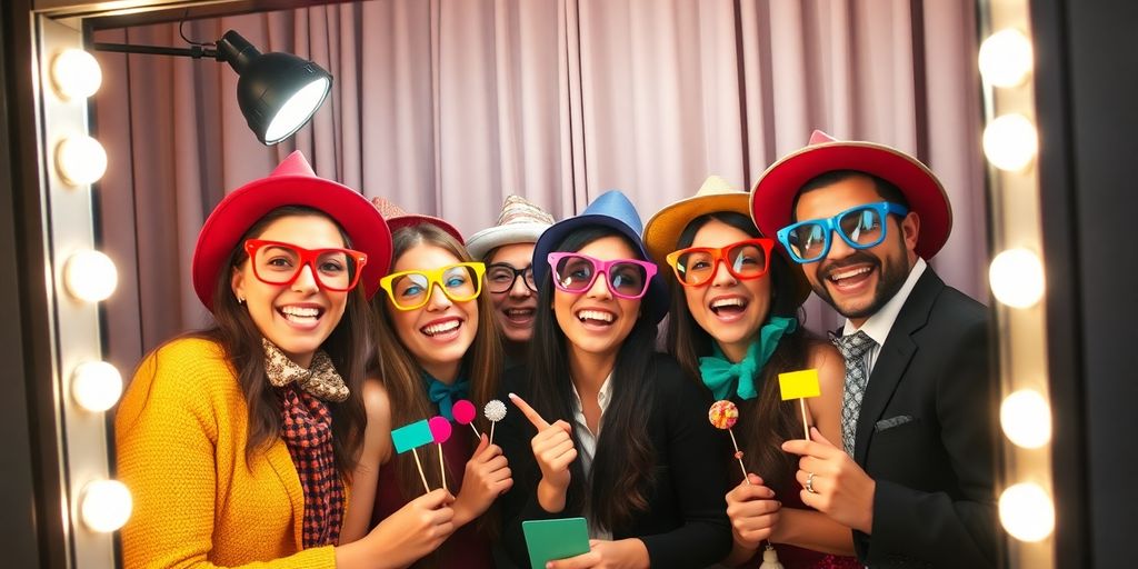 Personnes s'amusant dans un photobooth avec accessoires