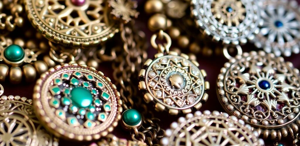 Bijoux traditionnels ornés de motifs culturels variés.