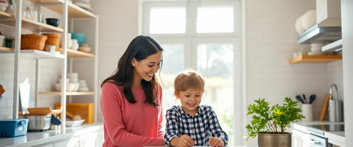 Famille organisée et souriante dans une maison lumineuse.