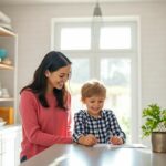 Famille organisée et souriante dans une maison lumineuse.