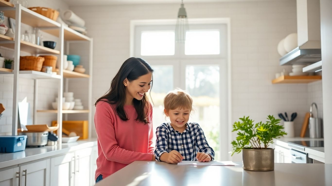 Famille organisée et souriante dans une maison lumineuse.