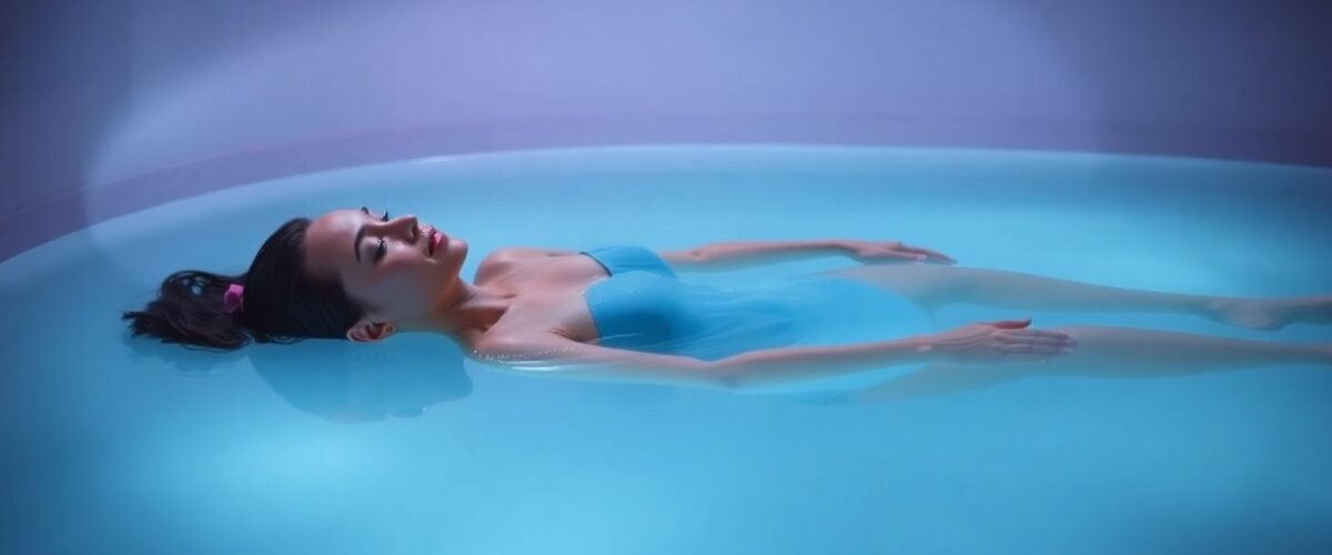 Femme flottant paisiblement dans un bassin de flottaison.