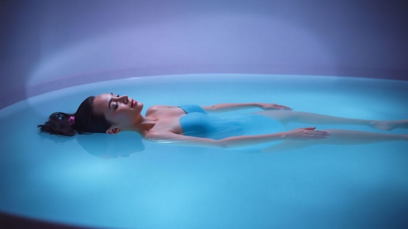 Femme flottant paisiblement dans un bassin de flottaison.