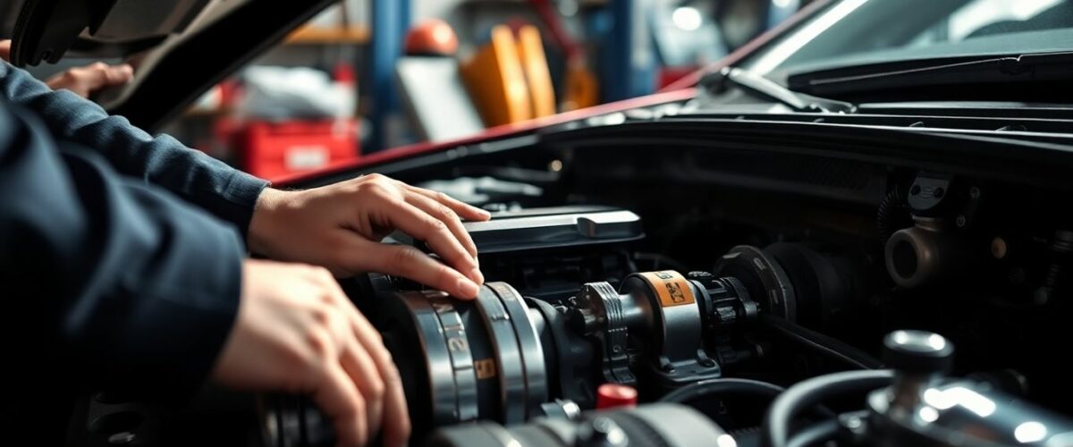 Mécanicien travaillant sur un moteur de voiture en Alsace.