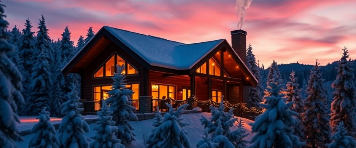 Famille fêtant Noël dans un chalet de montagne enneigé.