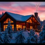 Famille fêtant Noël dans un chalet de montagne enneigé.
