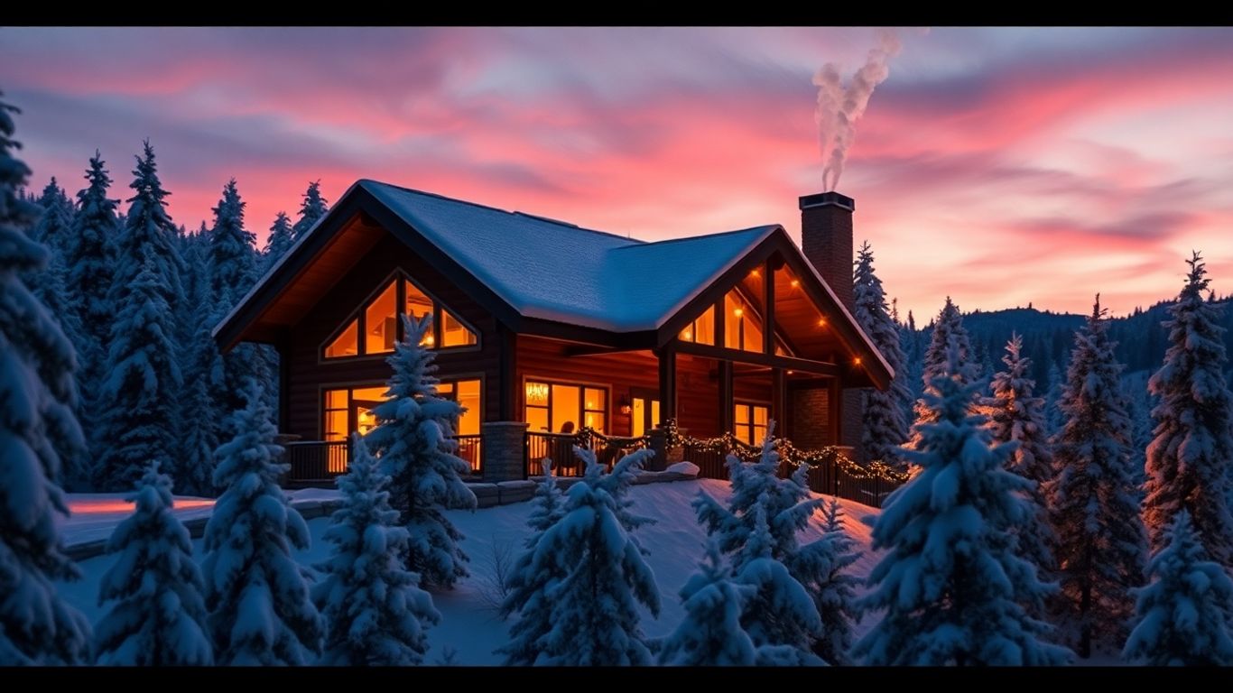 Famille fêtant Noël dans un chalet de montagne enneigé.