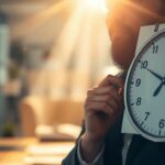 Calendrier avec une horloge, bureau flou, lumière du soleil.