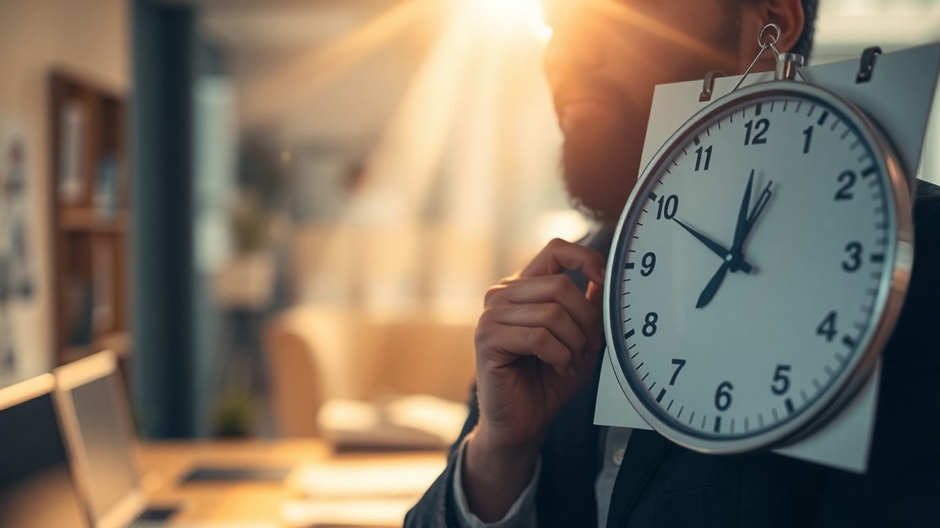 Calendrier avec une horloge, bureau flou, lumière du soleil.