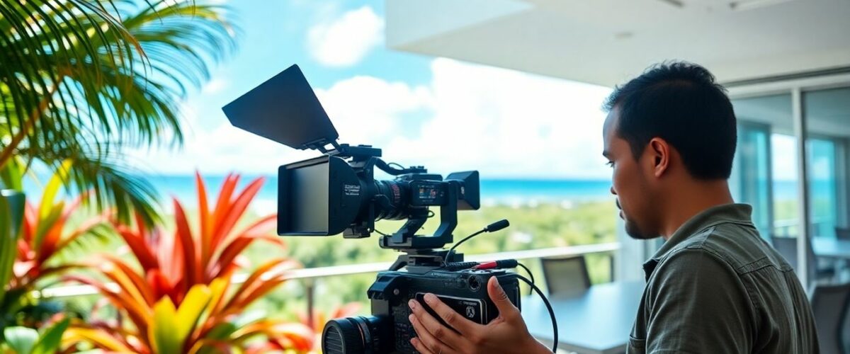 Vidéaste professionnel en Guadeloupe filmant un projet.
