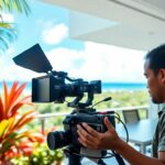 Vidéaste professionnel en Guadeloupe filmant un projet.
