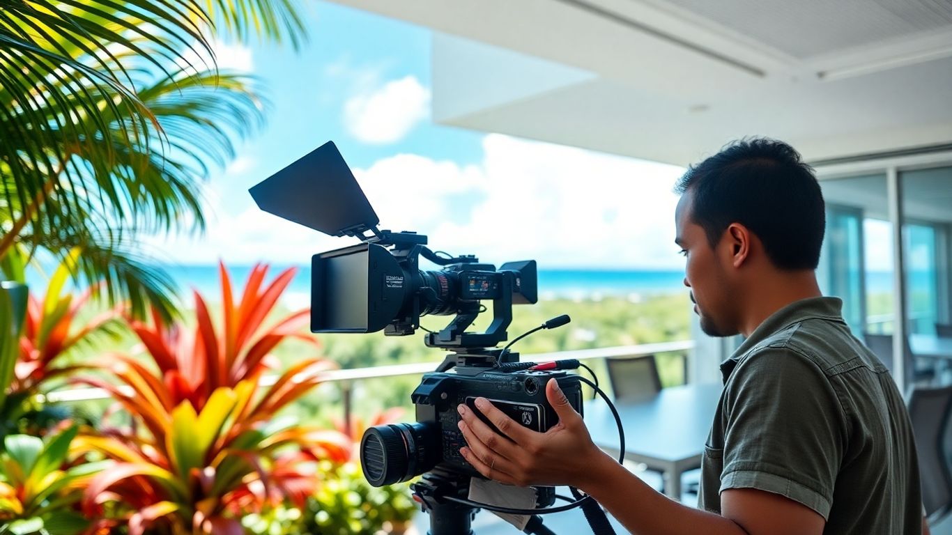 Vidéaste professionnel en Guadeloupe filmant un projet.