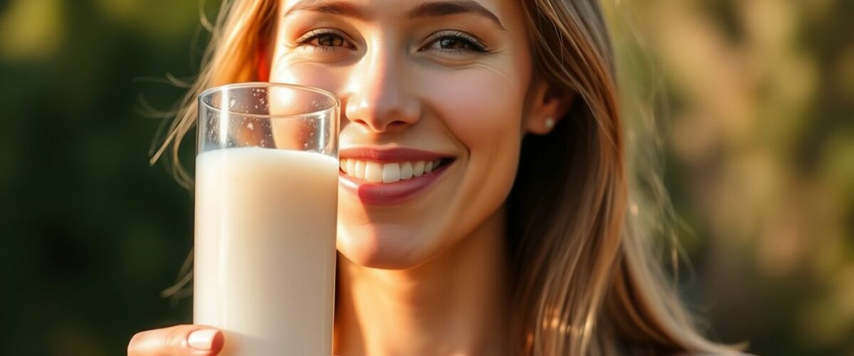 Femme souriante buvant une boisson au collagène