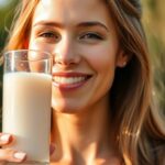 Femme souriante buvant une boisson au collagène