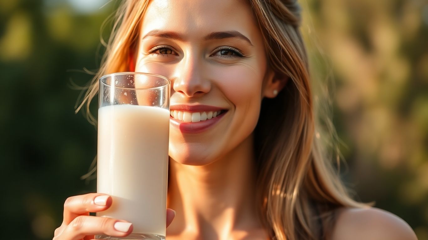 Femme souriante buvant une boisson au collagène